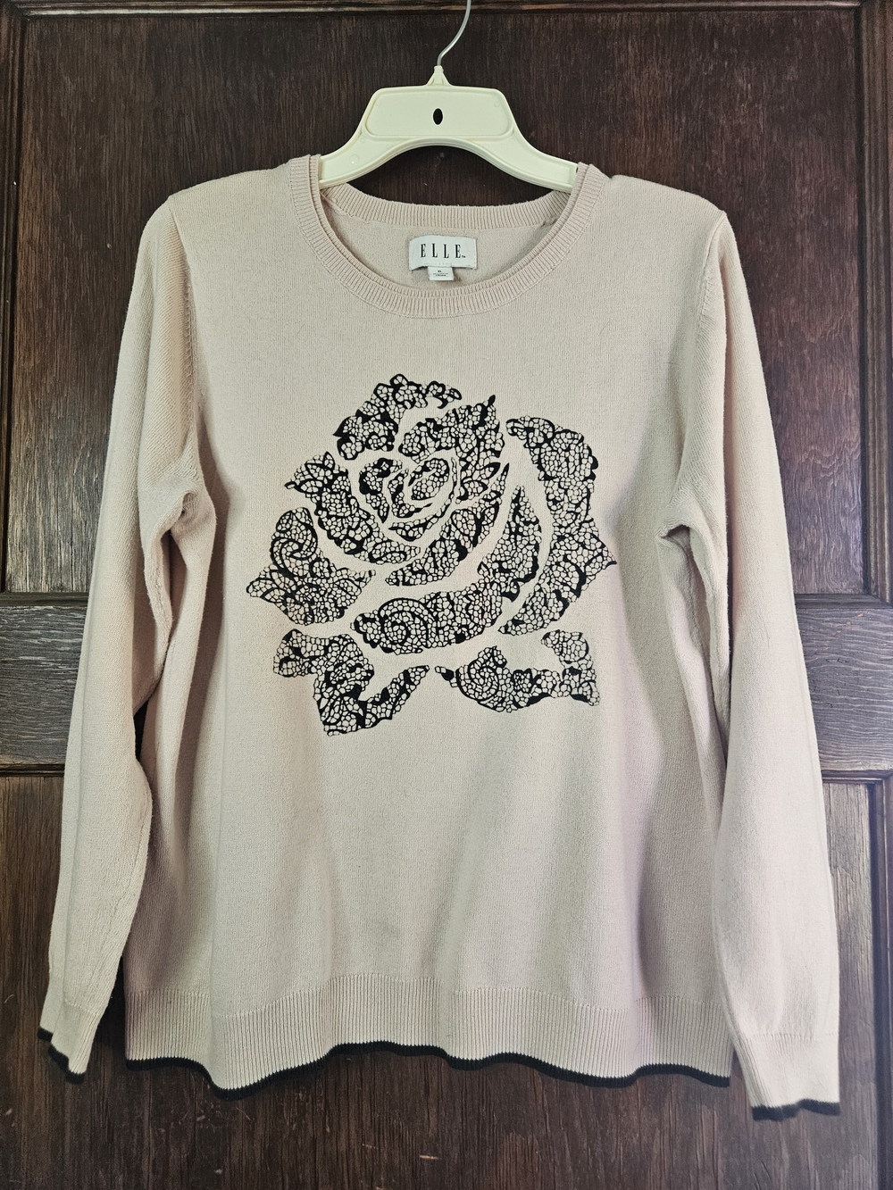 Elle Blush Pink Crewneck Sweater with Black Lace Rose - Size XL